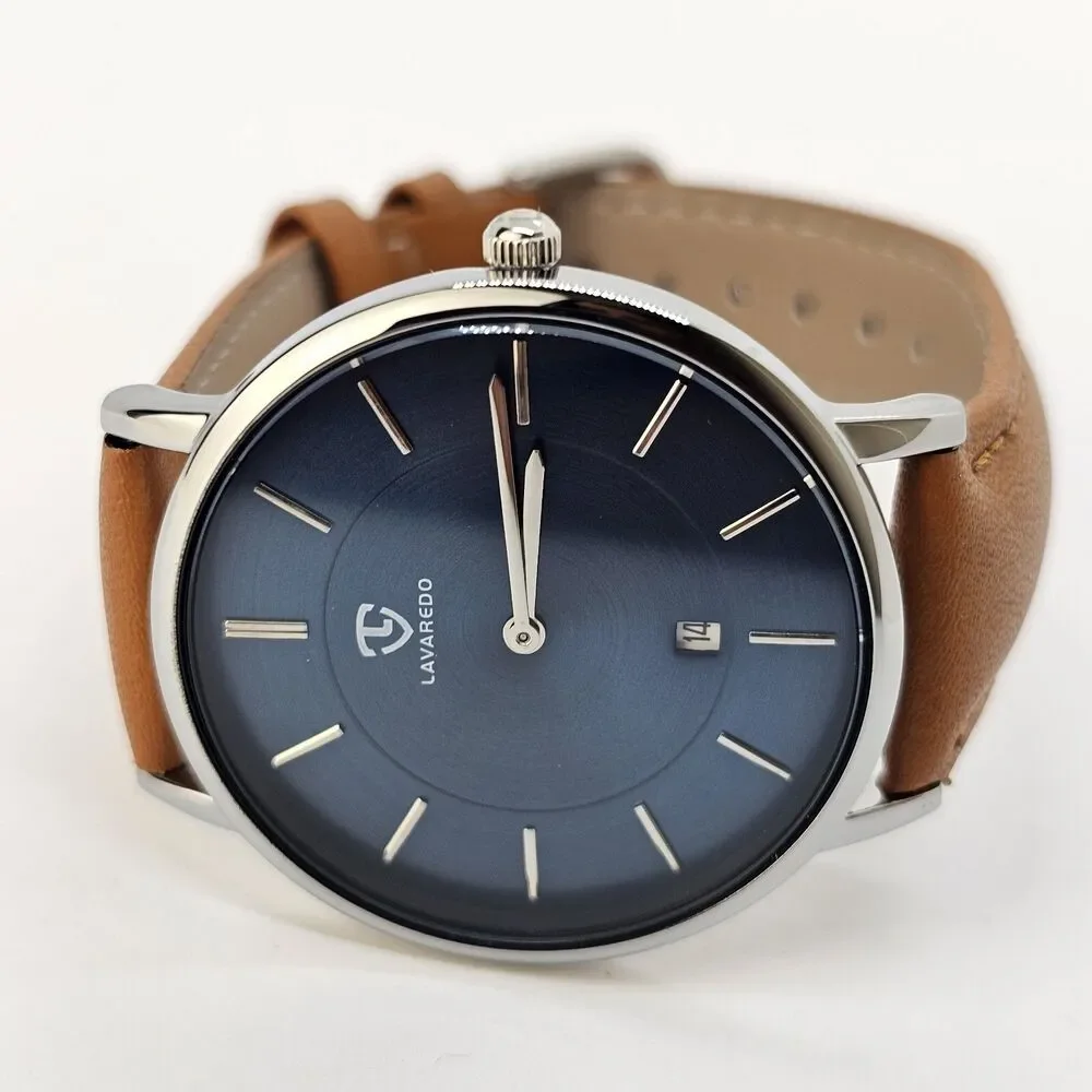 Men's Watch Minimalist 40MM Gray Case Blue Dial Date Light‎ Brown Leather Straps